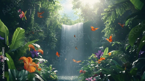 Fototapeta A vibrant rainforest scene with cascading waterfalls and dense foliage. Exotic birds and butterflies add splashes of color, while shafts of sunlight break through the canopy above.
