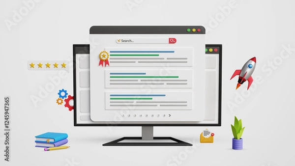 Fototapeta Search Engine Optimization, SEO Strategy. Achieve Top Google ranking, effective keywords, backlinks, digital marketing for business growth. Web ranking page on computer screen. 3D illustration