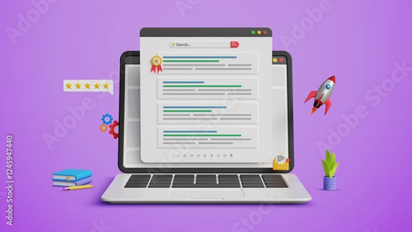 Fototapeta SEO ranking position, top ranking, web search page concept. Search engine optimization, Optimize your website to rank in top position on a laptop. 3D illustration