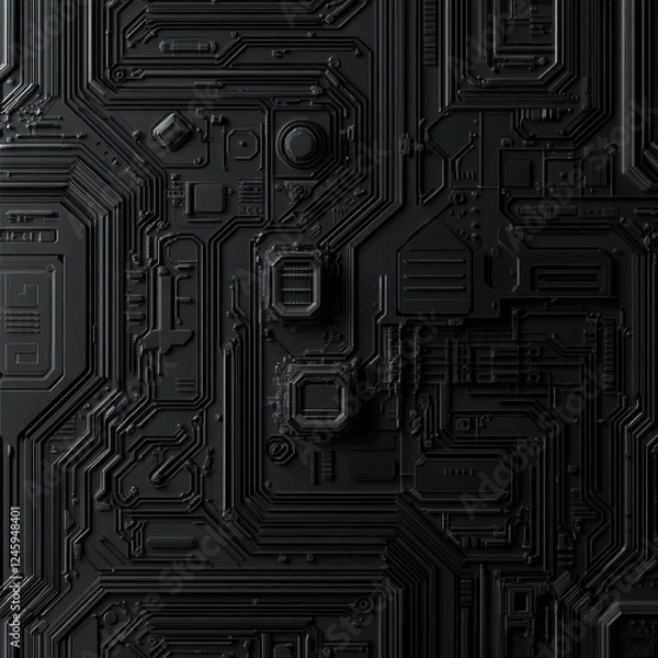 Fototapeta Black and white computer circuit board with intricate components on dark geometric background