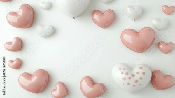 Fototapeta Pink and White Heart Balloons: A charming arrangement of pink and white heart-shaped balloons creates a romantic and playful atmosphere, perfect for Valentine's Day or any celebration of love.