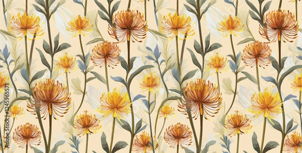 Fototapeta Repeating pattern of stylized yellow and orange bottle brush flowers with green leaves on a light background.