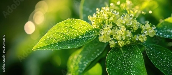 Fototapeta Lush green leaves with delicate yellow flowers and dew droplets in early summer sunlight creating a vibrant natural background.