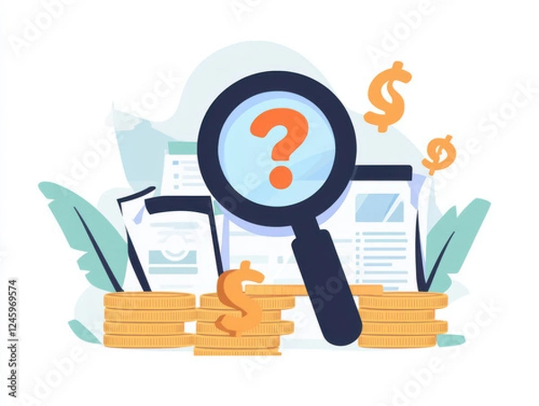Fototapeta Question marks and magnifying glass on financial documents symbolize inquiry and analysis. This illustration represents search for financial insights and understanding