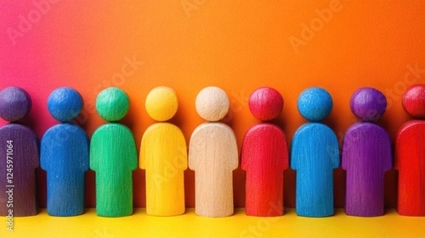 Fototapeta Diverse Team of Colorful Wooden Figures Representing Inclusivity and Unity on a Vibrant Gradient Background with Copy Space