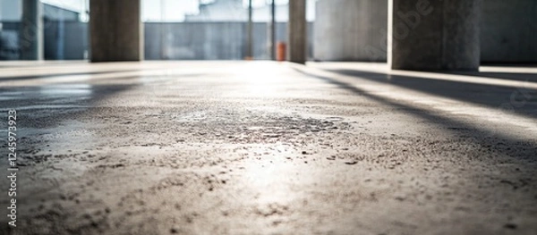 Obraz Concrete floor perspective in modern building with sunlight casting shadows through structural columns. Urban architecture background.