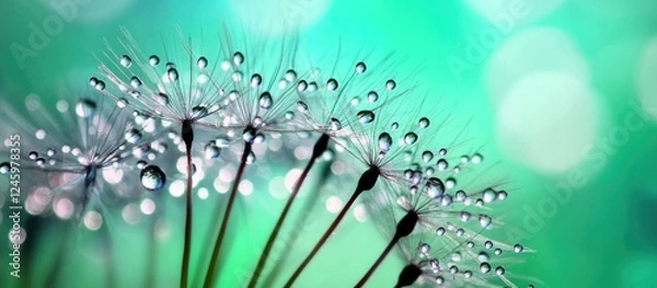 Fototapeta Dandelion flower with morning dew against a dreamy blurred green background showcasing delicate water droplets glistening in sunlight