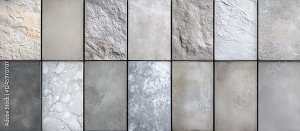 Fototapeta Textured concrete wall tiles featuring a variety of water traces and surface patterns in multiple shades of gray and blue.