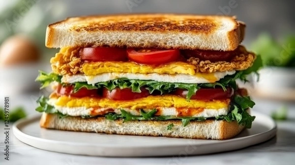 Fototapeta A delicious layered sandwich with chicken, eggs, tomatoes, and lettuce on toasted bread.