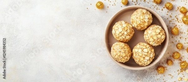 Fototapeta Golden Sparkling Oat Protein Balls in Neutral Bowl with Text Space and Decorative Elements on Light Background