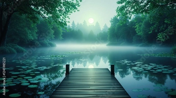 Fototapeta Serene moonlit lake scene at night with a small wooden dock, surrounded by lush trees and fog. Perfect for fantasy, fairytale, or peaceful nature themes