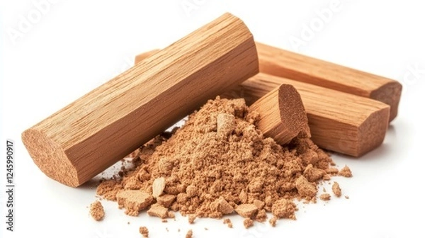 Fototapeta Sandalwood Logs and Powder on White Background for Aromatherapy and Craft Use, Perfect for Relaxation, Meditation, and Natural Fragrance in Various DIY Projects and Wellness Practices