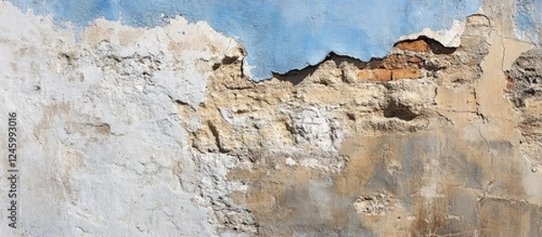 Fototapeta Textured fragment of an aged brick wall showcasing weathered surfaces and fading paint under natural daylight conditions