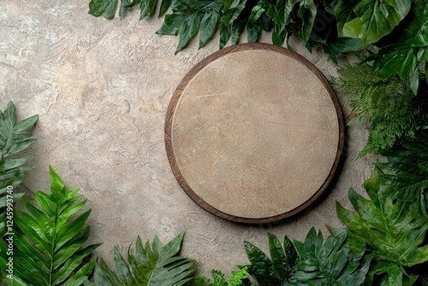 Obraz Round wooden tray surrounded by lush green foliage on a textured surface.