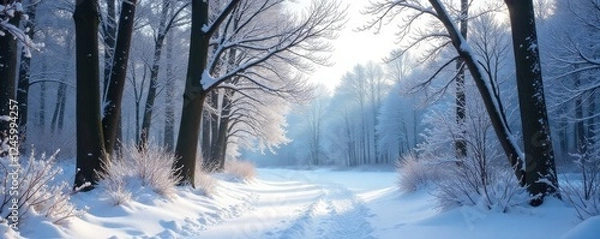 Fototapeta Snowy forest with bare branches and snow-covered ground, nature, peaceful, branch