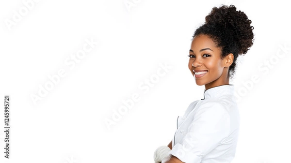 Obraz Afro young chef woman smiling isolated on white background