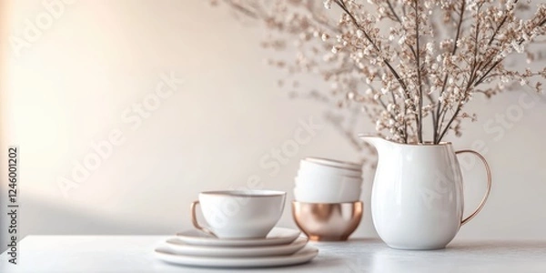 Fototapeta Elegant table setting featuring white ceramics and rose gold accents with minimalist design and ample empty space for text placement