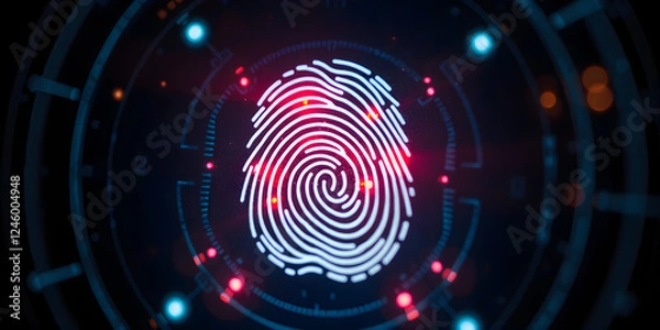 Fototapeta A macro shot of a futuristic biometric scanner recognizing a fingerprint with glowing data points.