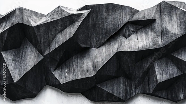 Obraz Striking Abstract Geometric Sculpture in Black and Gray Against a White Wall for Modern Art and Interior Design Inspiration