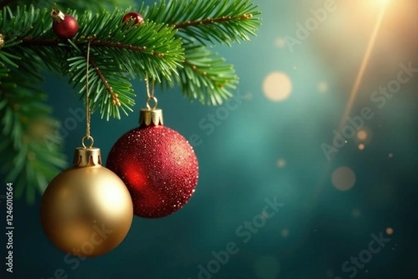 Fototapeta Glittering ornaments hang from a lush green branch, christmas, branch