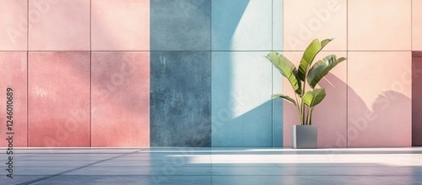 Obraz Geometric Pastel Wall Panels with Urban Aesthetic and Space for Text Featuring a Potted Plant in Modern Interior Design