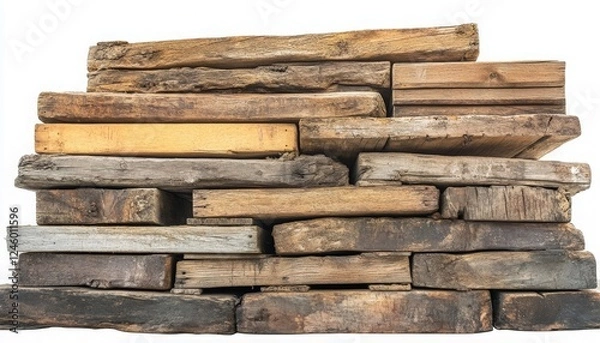 Fototapeta Stacked Wooden Planks on White Background for Construction or DIY Projects