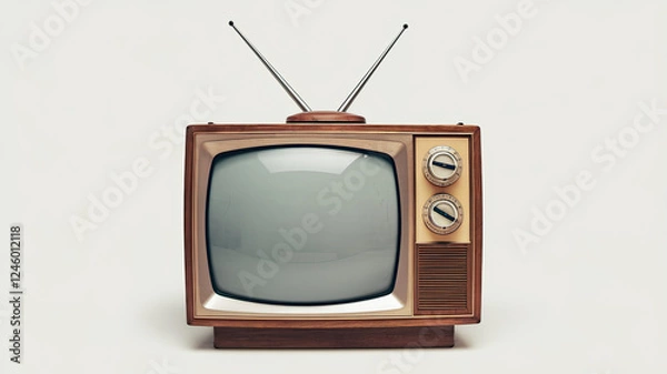 Fototapeta Vintage Old-Fashioned Television Set with Wooden Frame, Rounded Screen, Two Dials on the Right, and Antenna on Top, Highlighting Its Retro Design and Classic Appeal against a Neutral Background