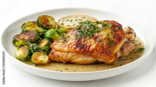 Obraz Succulent Roasted Chicken Thigh Served with Crisp Brussels Sprouts and Rich Gravy on a Classic White Plate, Perfectly Arranged for a Delicious Culinary Experience.