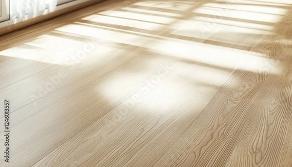 Fototapeta Sunlit Wooden Floor with Gentle Shadows in a Bright Room