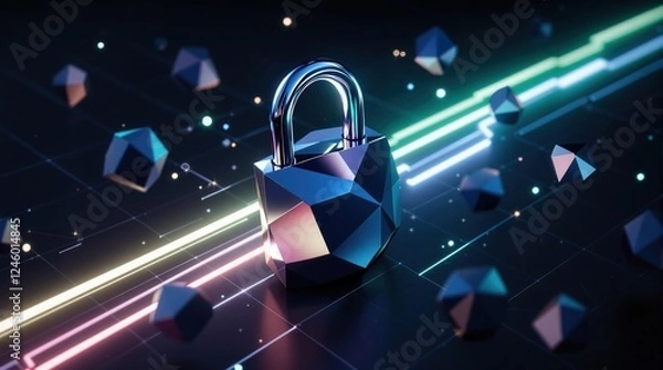 Fototapeta Futuristic low-poly padlock with neon green lines on dark background. Cybersecurity, data protection, and digital security concept