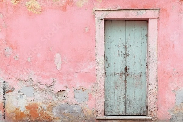 Fototapeta Weathered Wooden Door on Old Rustic Pink Wall with Cracked Paint in Vintage Style Architecture