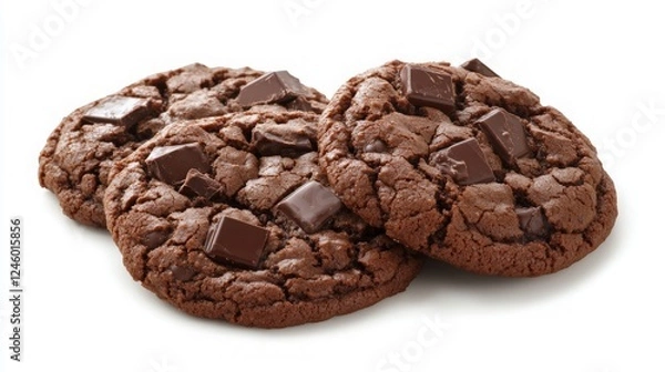 Fototapeta Three Chocolate Chip Cookies on White Background - Perfect for Baking Promotions, Recipe Blogs, and Dessert Inspiration.