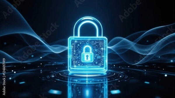 Fototapeta Futuristic glowing padlock on digital wave background. Perfect for technology, security, and data protection themes