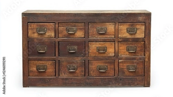 Obraz Vintage Wooden Drawer Chest with Rustic Finish for Home Decor - A Charming Addition to Enhance Your Living Space Aesthetic and Organize Essentials with Timeless Craftsmanship and Style.