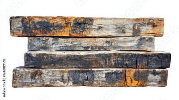 Fototapeta Weathered Wooden Beams Stacked Against White Background for Rustic Construction or Decor