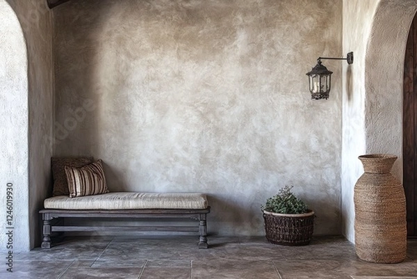 Fototapeta Rustic Bench with Neutral Cushion Against Textured Beige Wall and Woven Decor in Cozy Entryway