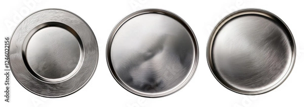 Fototapeta Three silver plates showcasing reflections and textures for culinary presentations.