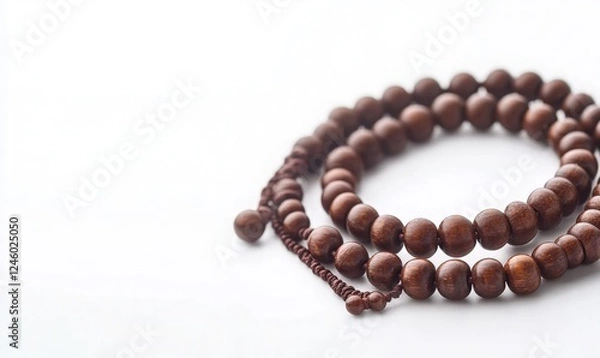 Obraz Wooden Prayer Beads on White Background for Meditation and Mindfulness to Enhance Your Spiritual Practice and Promote Inner Peace.