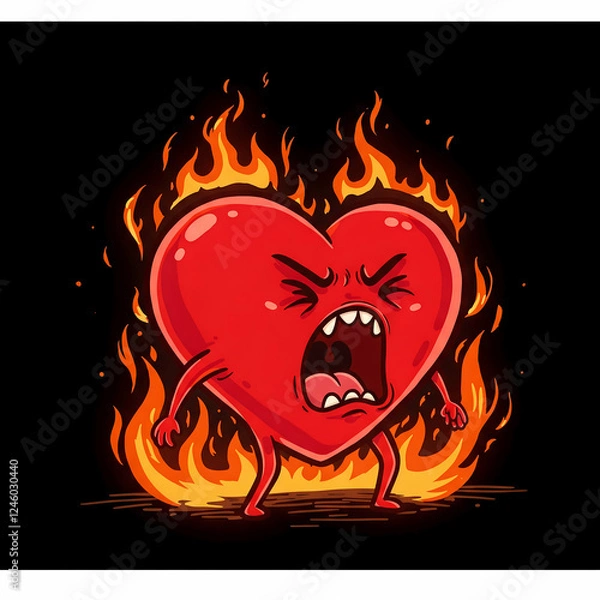 Obraz Cartoon heart on fire yelling 