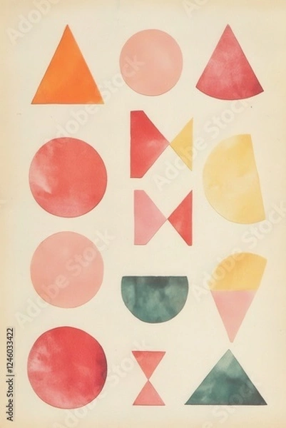 Obraz a postcard with pastel-colored geometric shapes--circles, triangles, and squares--on a cream background. 