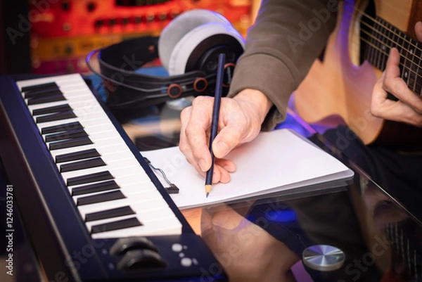 Obraz male songwriter hand writing a hit song by acoustic guitar and music keyboard in home studio. song writing concept