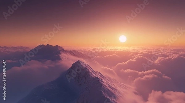 Fototapeta At dawn, view from the mountain peak with the emerging sun above the clouds