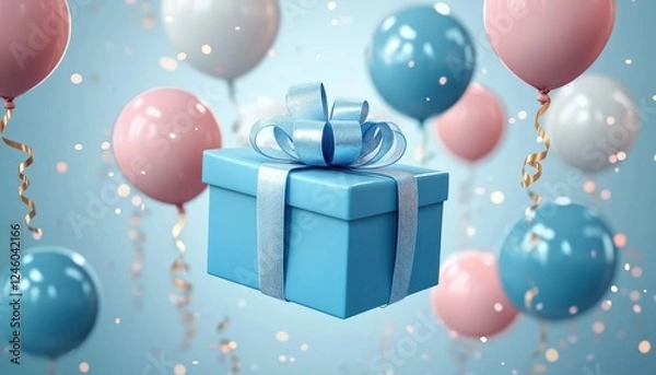 Fototapeta Floating Blue Gift Boxes with Colorful Balloons and Ribbons on Light Blue Background