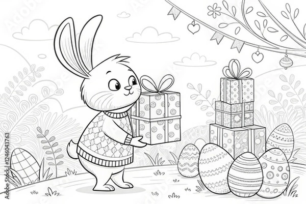 Fototapeta Easter Theme, Cute bunny delivering gifts among decorated eggs in a whimsical setting. outline for coloring.