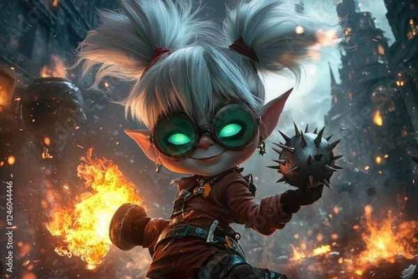 Fototapeta Fiery Elf Girl Warrior With Flaming Weapon And Spiked Ball