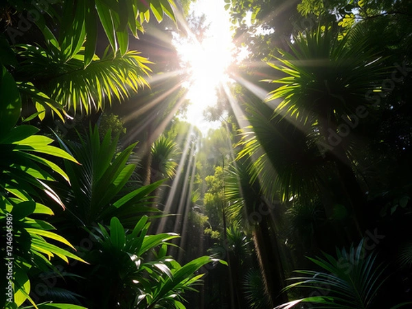 Obraz Dense tropical forest with sun rays penetrating between the green leaves
