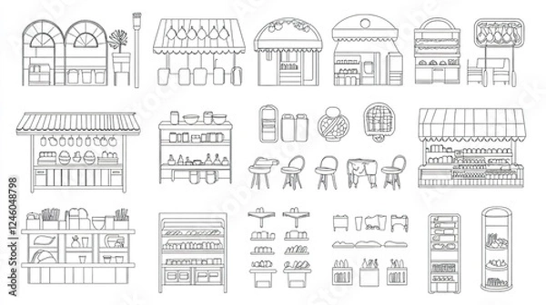 Fototapeta Outline food court icon set. Includes burgers, hot dogs, soft drinks, and tacos, perfect for web design on white background