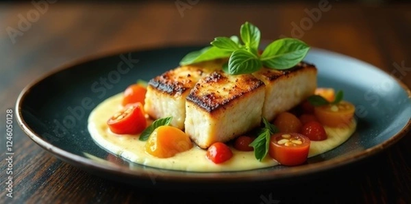 Fototapeta Pan-Seared Fish Cubes with Creamy Sauce and Roasted Cherry Tomatoes on a Dark Plate