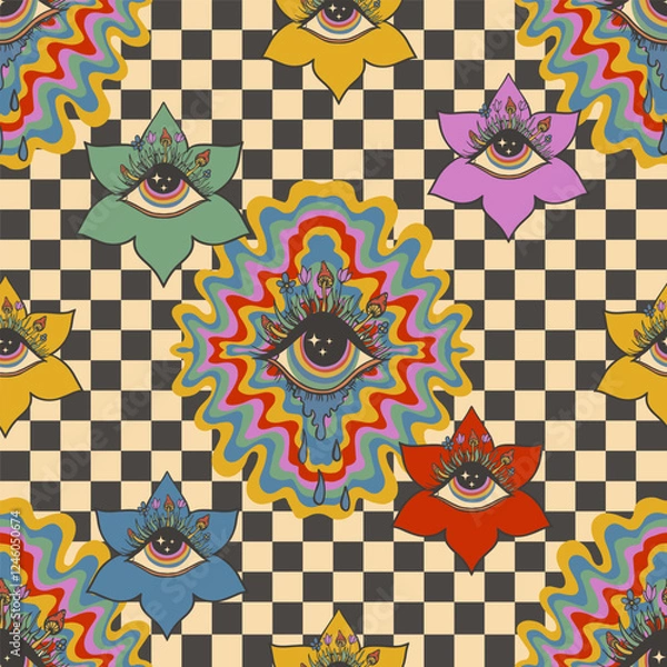 Obraz psychedelic seamless pattern flowers with eyes, checkered