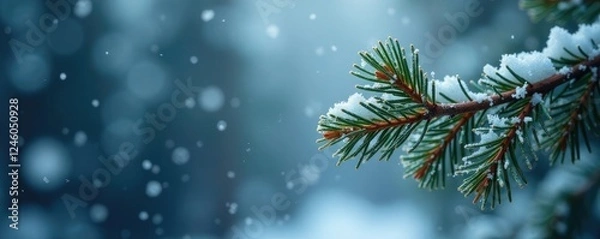 Fototapeta Snowflakes gently fall onto frosty pine branches, twig, branch